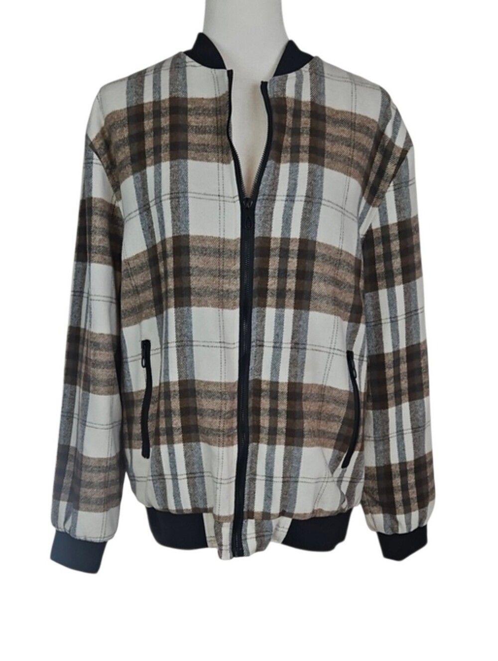 Collegiate Plaid Bomber Jacket Milk Chocolate Brown Cream Black Academia Fall L